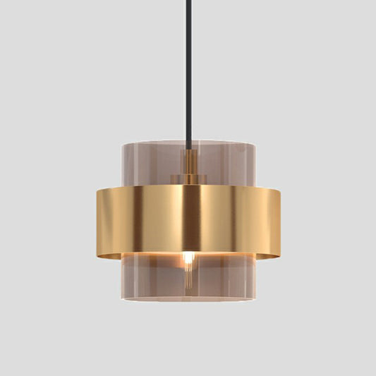 Cognac Glass Cylindrical Pendant Light Fixture Nordic 1 Head Hanging Lamp with Gold Ring Guard Gold Clearhalo 'Ceiling Lights' 'Modern Pendants' 'Modern' 'Pendant Lights' 'Pendants' Lighting' 2353904