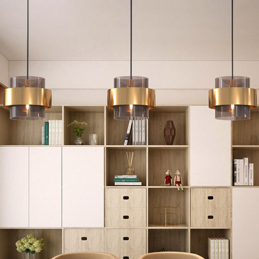 Cognac Glass Cylindrical Pendant Light Fixture Nordic 1 Head Hanging Lamp with Gold Ring Guard Clearhalo 'Ceiling Lights' 'Modern Pendants' 'Modern' 'Pendant Lights' 'Pendants' Lighting' 2353907