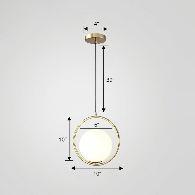 Globe Dining Room Suspension Lamp Milky Glass 1 Bulb Modern Pendant Light with Brass Loop Clearhalo 'Ceiling Lights' 'Modern Pendants' 'Modern' 'Pendant Lights' 'Pendants' Lighting' 2353913