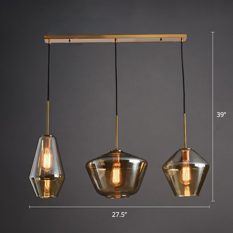 Postmodern 3 Bulbs Cluster Pendant Brass Geometric Ceiling Suspension Light with Glass Shade Amber Linear Clearhalo 'Ceiling Lights' 'Modern Pendants' 'Modern' 'Pendant Lights' 'Pendants' Lighting' 2353935
