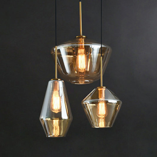 Postmodern 3 Bulbs Cluster Pendant Brass Geometric Ceiling Suspension Light with Glass Shade Clearhalo 'Ceiling Lights' 'Modern Pendants' 'Modern' 'Pendant Lights' 'Pendants' Lighting' 2353939