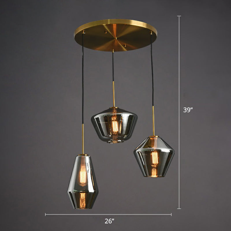 Postmodern 3 Bulbs Cluster Pendant Brass Geometric Ceiling Suspension Light with Glass Shade Smoke Gray Round Clearhalo 'Ceiling Lights' 'Modern Pendants' 'Modern' 'Pendant Lights' 'Pendants' Lighting' 2353940