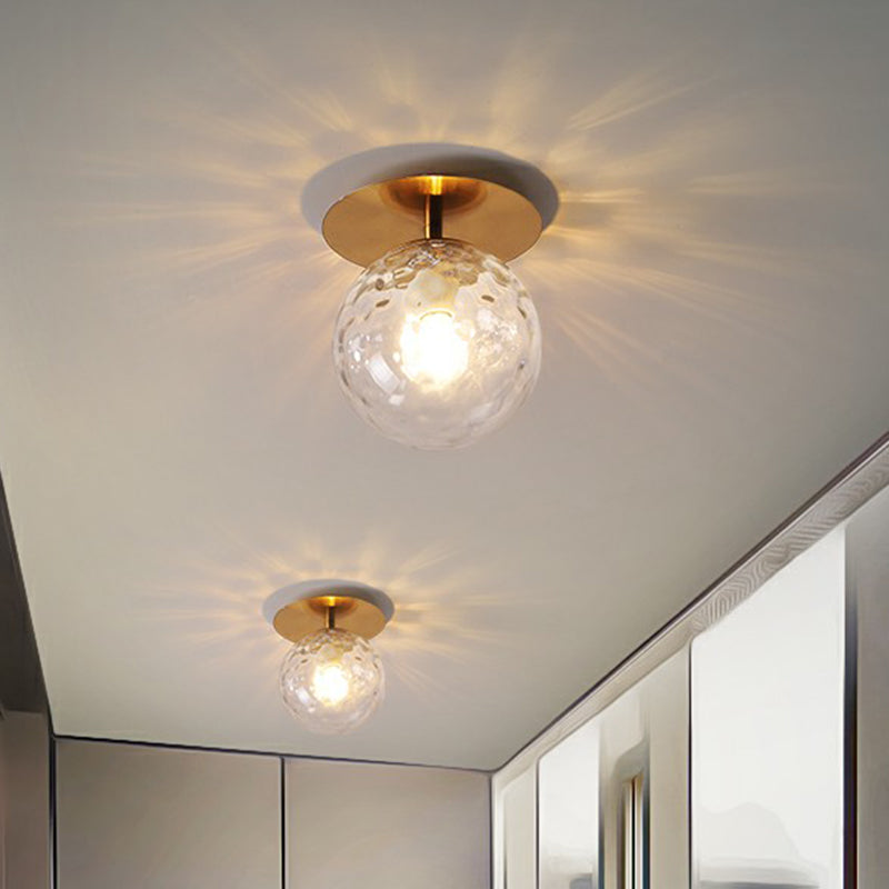 Single Balcony Ceiling Flush Light Postmodern Gold Semi Flush Mount with Ball Clear Ripple Glass Shade Clearhalo 'Ceiling Lights' 'Close To Ceiling Lights' 'Close to ceiling' 'Semi-flushmount' Lighting' 2353960