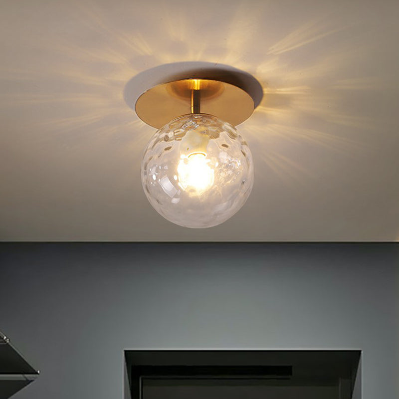 Single Balcony Ceiling Flush Light Postmodern Gold Semi Flush Mount with Ball Clear Ripple Glass Shade Clearhalo 'Ceiling Lights' 'Close To Ceiling Lights' 'Close to ceiling' 'Semi-flushmount' Lighting' 2353961