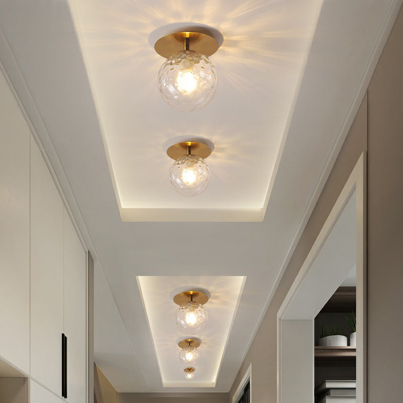 Single Balcony Ceiling Flush Light Postmodern Gold Semi Flush Mount with Ball Clear Ripple Glass Shade Clearhalo 'Ceiling Lights' 'Close To Ceiling Lights' 'Close to ceiling' 'Semi-flushmount' Lighting' 2353962