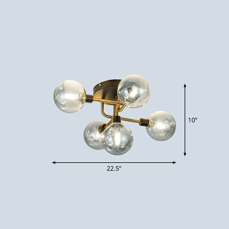 Postmodern Sphere Flush Mount Lamp Glass 5-Light Bedroom Semi Flush Mount Ceiling Light in Black-Brass Clear Clearhalo 'Ceiling Lights' 'Close To Ceiling Lights' 'Close to ceiling' 'Semi-flushmount' Lighting' 2353980
