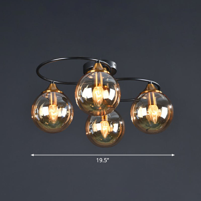 Postmodern Semi Flush Chandelier Black and Brass Ball Ceiling Light with Glass Shade 4 Amber Clearhalo 'Ceiling Lights' 'Close To Ceiling Lights' 'Close to ceiling' 'Semi-flushmount' Lighting' 2353996