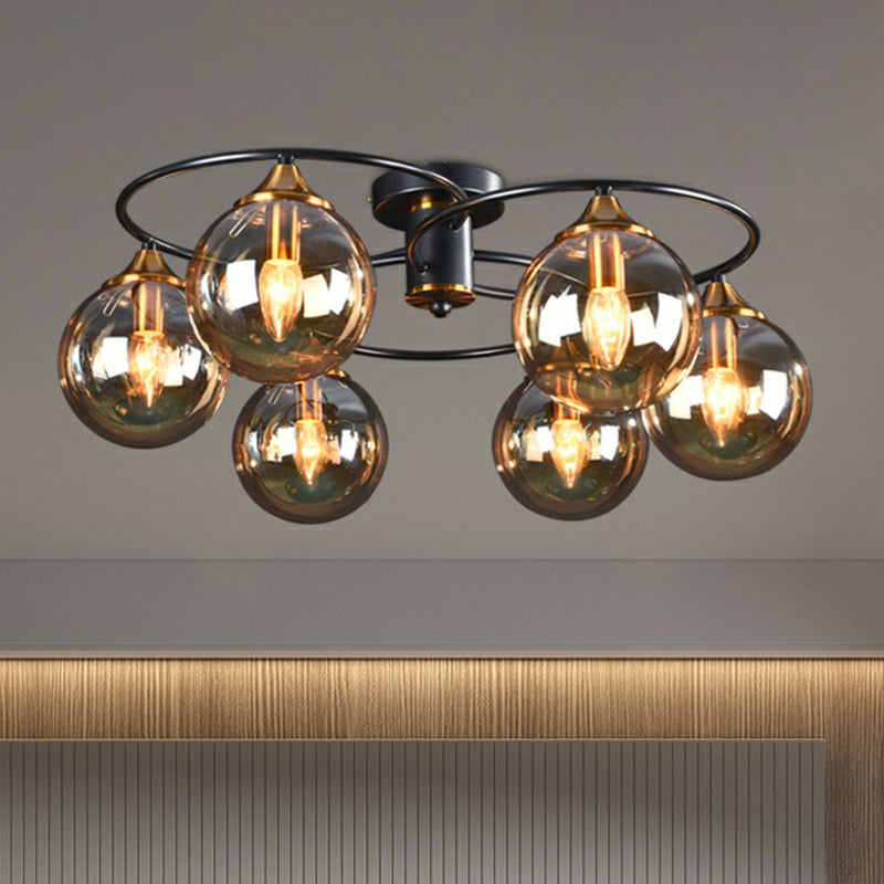 Postmodern Semi Flush Chandelier Black and Brass Ball Ceiling Light with Glass Shade Clearhalo 'Ceiling Lights' 'Close To Ceiling Lights' 'Close to ceiling' 'Semi-flushmount' Lighting' 2353998