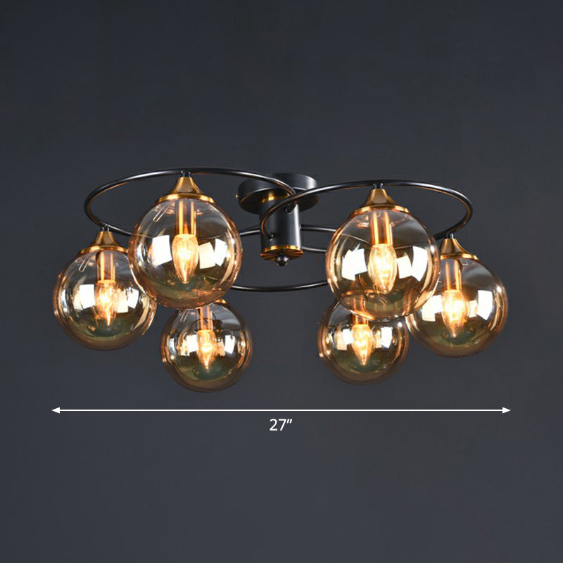 Postmodern Semi Flush Chandelier Black and Brass Ball Ceiling Light with Glass Shade 6 Amber Clearhalo 'Ceiling Lights' 'Close To Ceiling Lights' 'Close to ceiling' 'Semi-flushmount' Lighting' 2353999