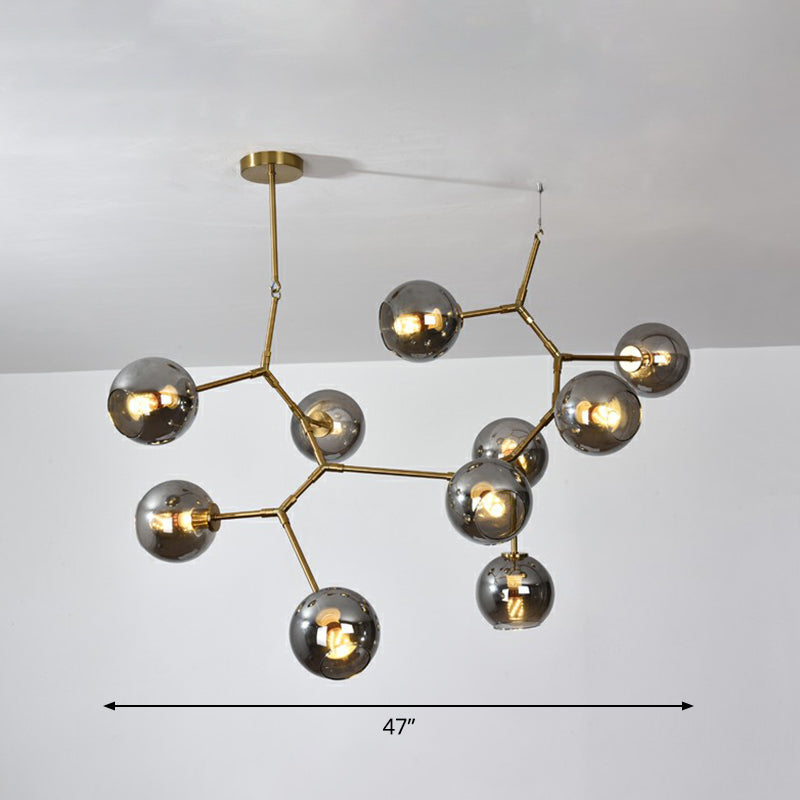 Brass Finish Molecular Chandelier Postmodern Metal Hanging Light with Ball Glass Shade 10 Smoke Gray Clearhalo 'Ceiling Lights' 'Chandeliers' 'Clear' 'Industrial' 'Modern Chandeliers' 'Modern' 'Tiffany' 'Traditional Chandeliers' Lighting' 2354040