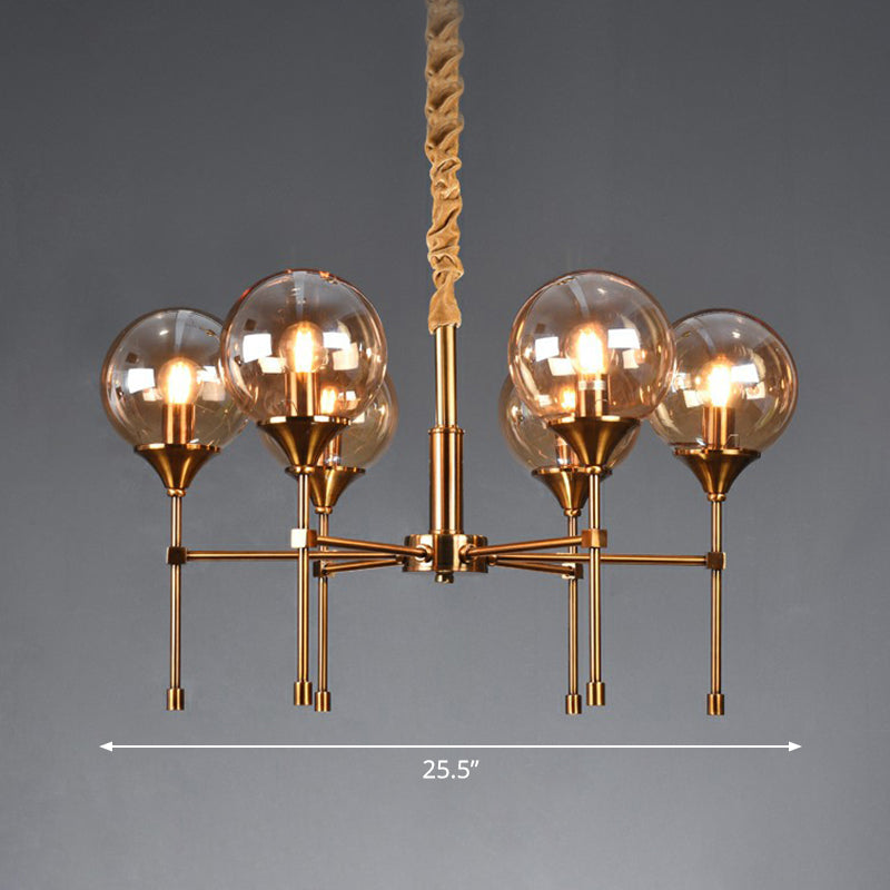 Post-Modern Ball Up Chandelier Glass Dining Room Suspension Light Fixture in Brass 6 Amber Clearhalo 'Ceiling Lights' 'Chandeliers' 'Clear' 'Industrial' 'Modern Chandeliers' 'Modern' 'Tiffany' 'Traditional Chandeliers' Lighting' 2354070