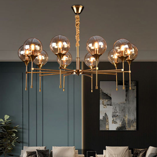 Post-Modern Ball Up Chandelier Glass Dining Room Suspension Light Fixture in Brass Clearhalo 'Ceiling Lights' 'Chandeliers' 'Clear' 'Industrial' 'Modern Chandeliers' 'Modern' 'Tiffany' 'Traditional Chandeliers' Lighting' 2354072