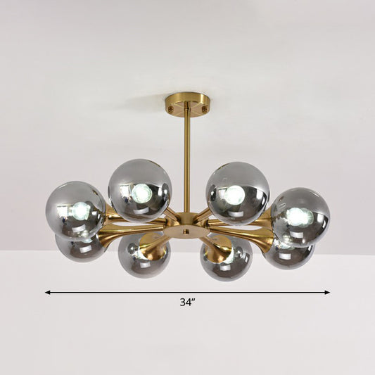 Glass Sphere Chandelier Lighting Postmodern Brass Finish Hanging Light Fixture for Bedroom 8 Smoke Gray Clearhalo 'Ceiling Lights' 'Chandeliers' 'Modern Chandeliers' 'Modern' Lighting' 2354086