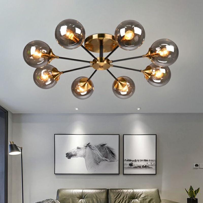 Black and Brass Radial Flush Mount Lighting Postmodern Metal Semi Flush Ceiling Light with Ball Glass Shade Clearhalo 'Ceiling Lights' 'Close To Ceiling Lights' 'Close to ceiling' 'Semi-flushmount' Lighting' 2354100