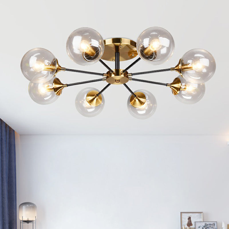 Black and Brass Radial Flush Mount Lighting Postmodern Metal Semi Flush Ceiling Light with Ball Glass Shade Clearhalo 'Ceiling Lights' 'Close To Ceiling Lights' 'Close to ceiling' 'Semi-flushmount' Lighting' 2354102