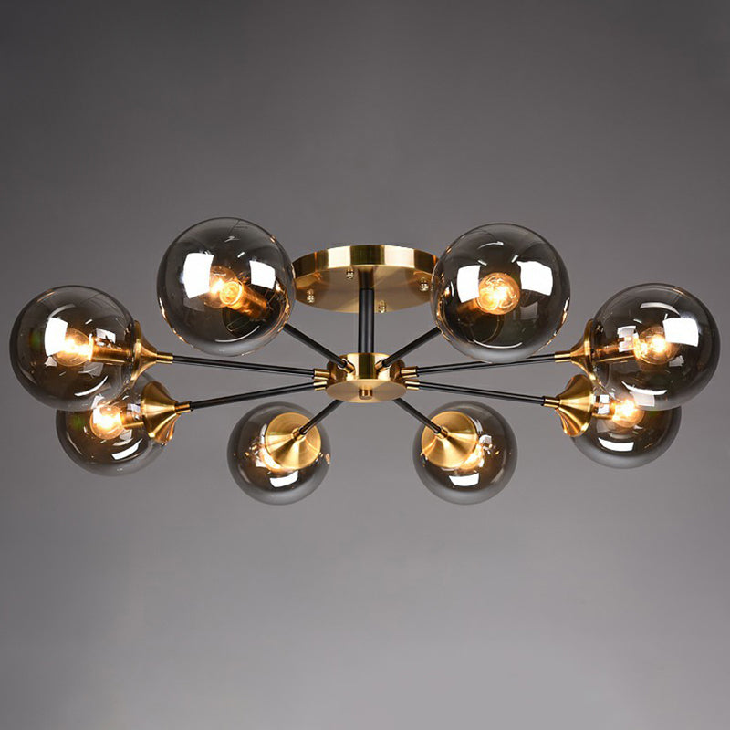 Black and Brass Radial Flush Mount Lighting Postmodern Metal Semi Flush Ceiling Light with Ball Glass Shade Clearhalo 'Ceiling Lights' 'Close To Ceiling Lights' 'Close to ceiling' 'Semi-flushmount' Lighting' 2354104