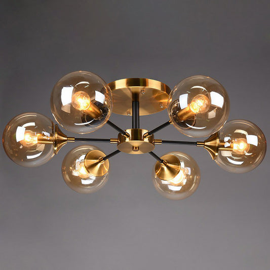 Black and Brass Radial Flush Mount Lighting Postmodern Metal Semi Flush Ceiling Light with Ball Glass Shade Clearhalo 'Ceiling Lights' 'Close To Ceiling Lights' 'Close to ceiling' 'Semi-flushmount' Lighting' 2354107