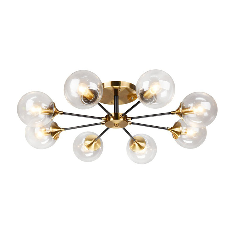 Black and Brass Radial Flush Mount Lighting Postmodern Metal Semi Flush Ceiling Light with Ball Glass Shade Clearhalo 'Ceiling Lights' 'Close To Ceiling Lights' 'Close to ceiling' 'Semi-flushmount' Lighting' 2354108