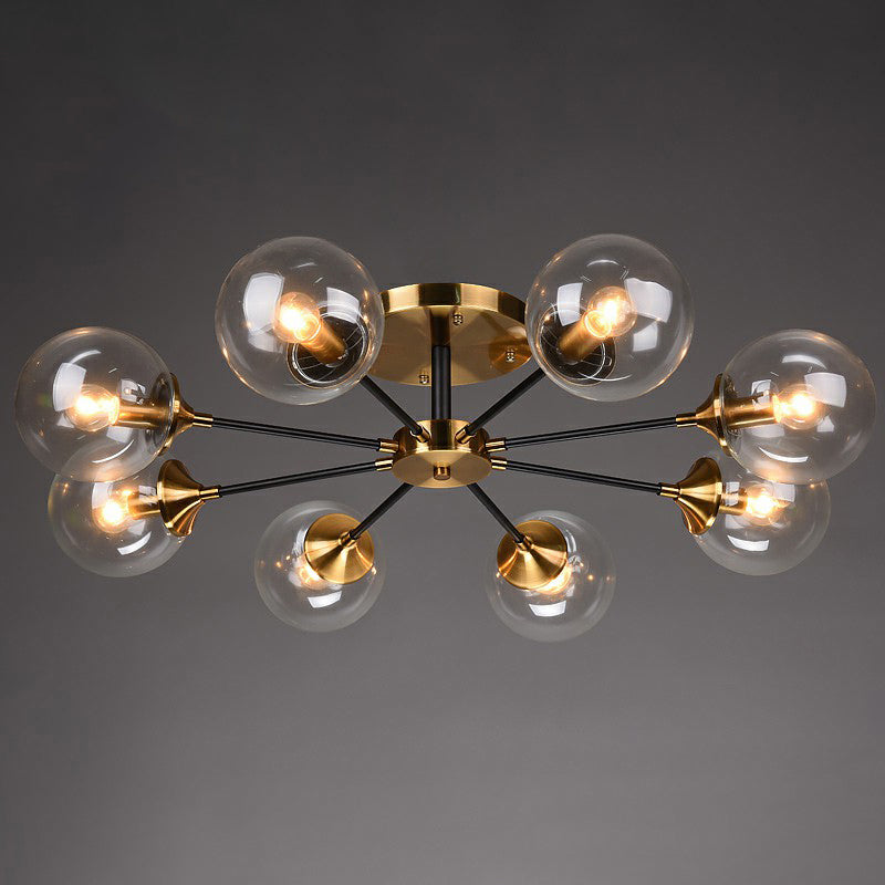 Black and Brass Radial Flush Mount Lighting Postmodern Metal Semi Flush Ceiling Light with Ball Glass Shade 8 Clear Clearhalo 'Ceiling Lights' 'Close To Ceiling Lights' 'Close to ceiling' 'Semi-flushmount' Lighting' 2354109