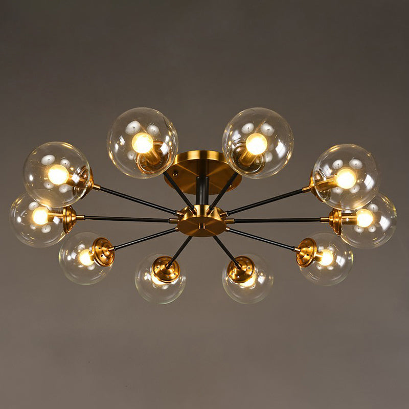 Black and Brass Radial Flush Mount Lighting Postmodern Metal Semi Flush Ceiling Light with Ball Glass Shade 10 Clear Clearhalo 'Ceiling Lights' 'Close To Ceiling Lights' 'Close to ceiling' 'Semi-flushmount' Lighting' 2354110