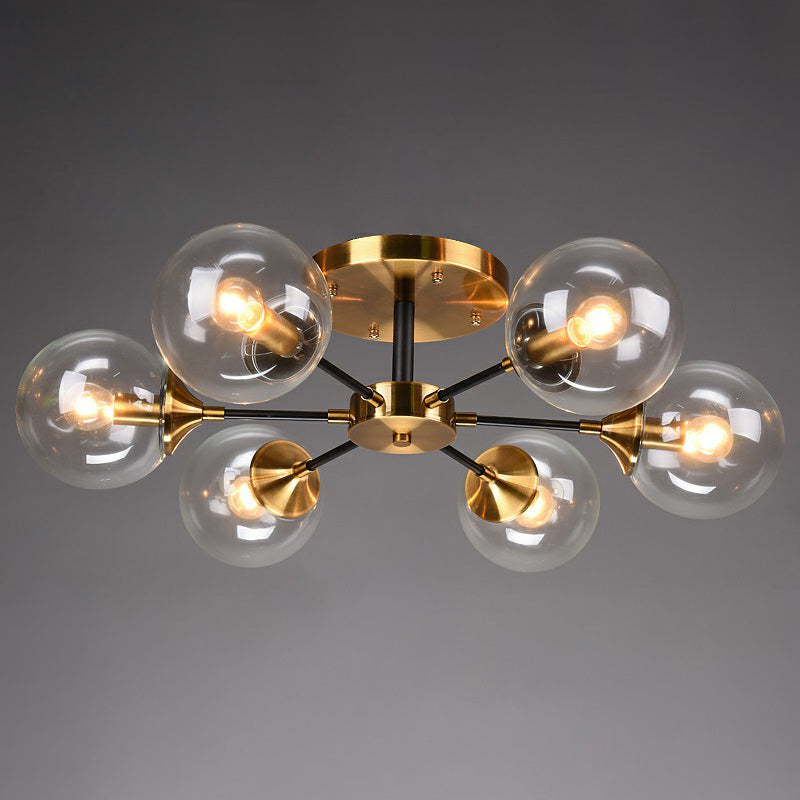Black and Brass Radial Flush Mount Lighting Postmodern Metal Semi Flush Ceiling Light with Ball Glass Shade 6 Clear Clearhalo 'Ceiling Lights' 'Close To Ceiling Lights' 'Close to ceiling' 'Semi-flushmount' Lighting' 2354112