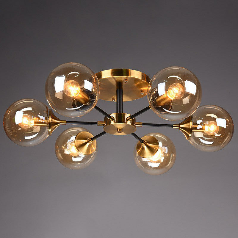 Black and Brass Radial Flush Mount Lighting Postmodern Metal Semi Flush Ceiling Light with Ball Glass Shade 6 Amber Clearhalo 'Ceiling Lights' 'Close To Ceiling Lights' 'Close to ceiling' 'Semi-flushmount' Lighting' 2354113