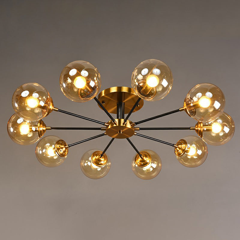 Black and Brass Radial Flush Mount Lighting Postmodern Metal Semi Flush Ceiling Light with Ball Glass Shade 10 Amber Clearhalo 'Ceiling Lights' 'Close To Ceiling Lights' 'Close to ceiling' 'Semi-flushmount' Lighting' 2354114
