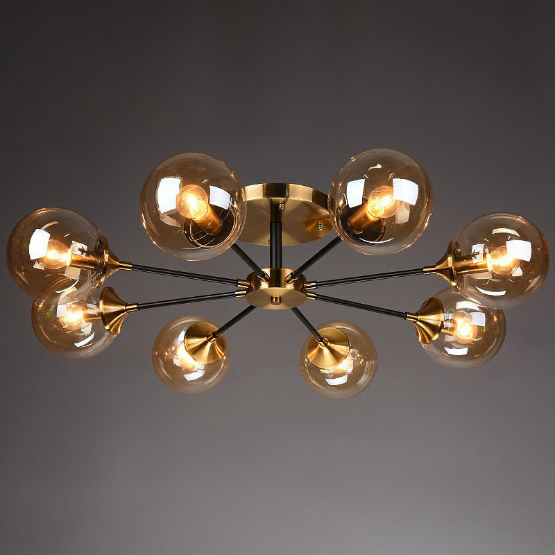 Black and Brass Radial Flush Mount Lighting Postmodern Metal Semi Flush Ceiling Light with Ball Glass Shade 8 Amber Clearhalo 'Ceiling Lights' 'Close To Ceiling Lights' 'Close to ceiling' 'Semi-flushmount' Lighting' 2354116