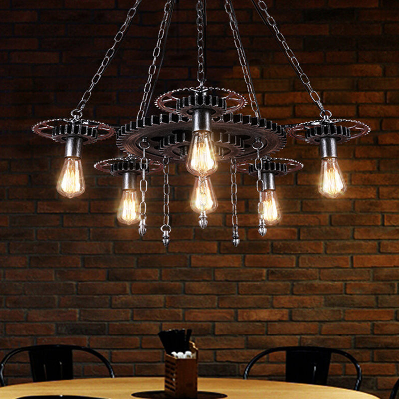 Exposed Bulb Metal Light Chandelier Industrial 6 Light Dining Room Pendant Lighting in Silver/Bronze with Gear Clearhalo 'Cast Iron' 'Ceiling Lights' 'Chandeliers' 'Industrial Chandeliers' 'Industrial' 'Metal' 'Middle Century Chandeliers' 'Rustic Chandeliers' 'Tiffany' Lighting' 235413