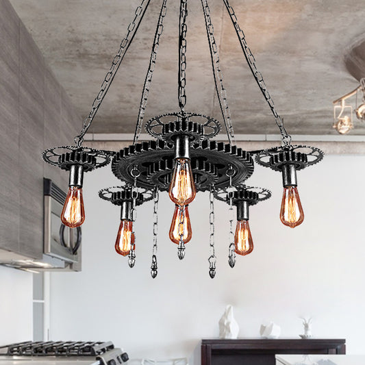 Exposed Bulb Metal Light Chandelier Industrial 6 Light Dining Room Pendant Lighting in Silver/Bronze with Gear Silver Clearhalo 'Cast Iron' 'Ceiling Lights' 'Chandeliers' 'Industrial Chandeliers' 'Industrial' 'Metal' 'Middle Century Chandeliers' 'Rustic Chandeliers' 'Tiffany' Lighting' 235414
