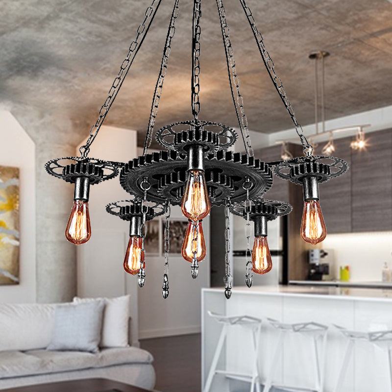 Exposed Bulb Metal Light Chandelier Industrial 6 Light Dining Room Pendant Lighting in Silver/Bronze with Gear Clearhalo 'Cast Iron' 'Ceiling Lights' 'Chandeliers' 'Industrial Chandeliers' 'Industrial' 'Metal' 'Middle Century Chandeliers' 'Rustic Chandeliers' 'Tiffany' Lighting' 235415