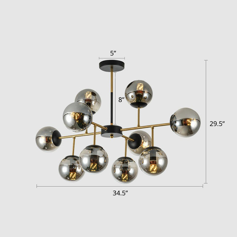 Black-Brass Spherical Chandelier Light Nordic Glass Ceiling Suspension Lamp for Dining Room 10 Smoke Gray Clearhalo 'Ceiling Lights' 'Chandeliers' 'Clear' 'Industrial' 'Modern Chandeliers' 'Modern' 'Tiffany' 'Traditional Chandeliers' Lighting' 2354178