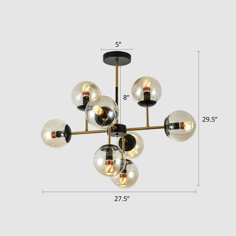 Black-Brass Spherical Chandelier Light Nordic Glass Ceiling Suspension Lamp for Dining Room 8 Amber Clearhalo 'Ceiling Lights' 'Chandeliers' 'Clear' 'Industrial' 'Modern Chandeliers' 'Modern' 'Tiffany' 'Traditional Chandeliers' Lighting' 2354188