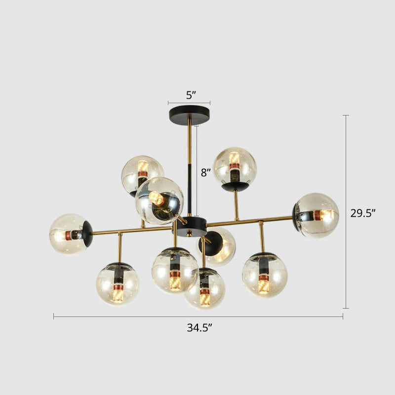 Black-Brass Spherical Chandelier Light Nordic Glass Ceiling Suspension Lamp for Dining Room 10 Amber Clearhalo 'Ceiling Lights' 'Chandeliers' 'Clear' 'Industrial' 'Modern Chandeliers' 'Modern' 'Tiffany' 'Traditional Chandeliers' Lighting' 2354189