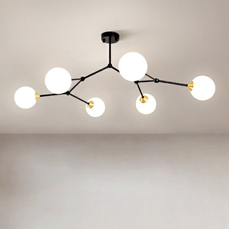Metal Branch Flush Mount Chandelier Simplicity Semi Flush Ceiling Light with Ball Milk Glass Shade 6 Black Clearhalo 'Ceiling Lights' 'Close To Ceiling Lights' 'Close to ceiling' 'Semi-flushmount' Lighting' 2354227
