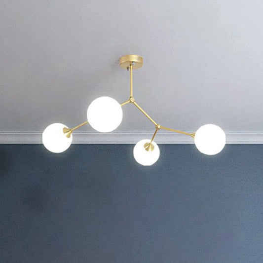 Metal Branch Flush Mount Chandelier Simplicity Semi Flush Ceiling Light with Ball Milk Glass Shade 4 Gold Clearhalo 'Ceiling Lights' 'Close To Ceiling Lights' 'Close to ceiling' 'Semi-flushmount' Lighting' 2354230
