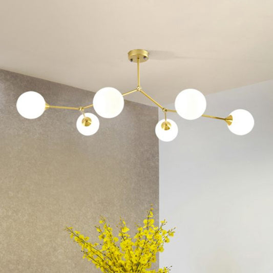 Metal Branch Flush Mount Chandelier Simplicity Semi Flush Ceiling Light with Ball Milk Glass Shade 6 Gold Clearhalo 'Ceiling Lights' 'Close To Ceiling Lights' 'Close to ceiling' 'Semi-flushmount' Lighting' 2354231