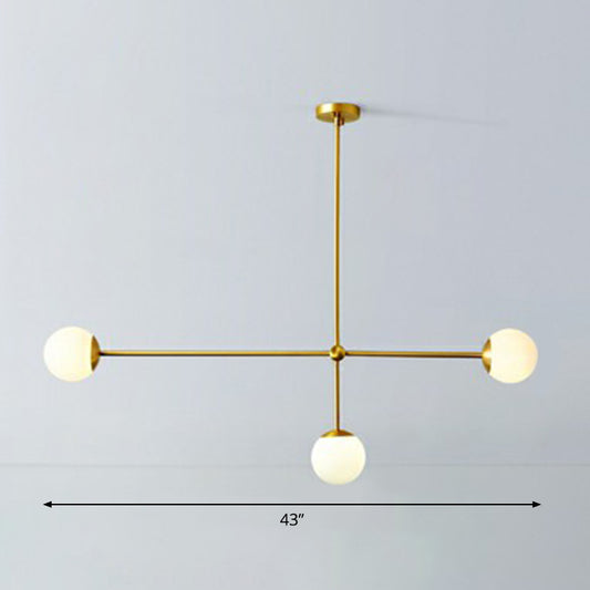 Brass Finish Line Art Chandelier Minimalistic Metal Ceiling Light with Ball Ivory Glass Shade 3 Brass Clearhalo 'Ceiling Lights' 'Chandeliers' 'Modern Chandeliers' 'Modern' Lighting' 2354239