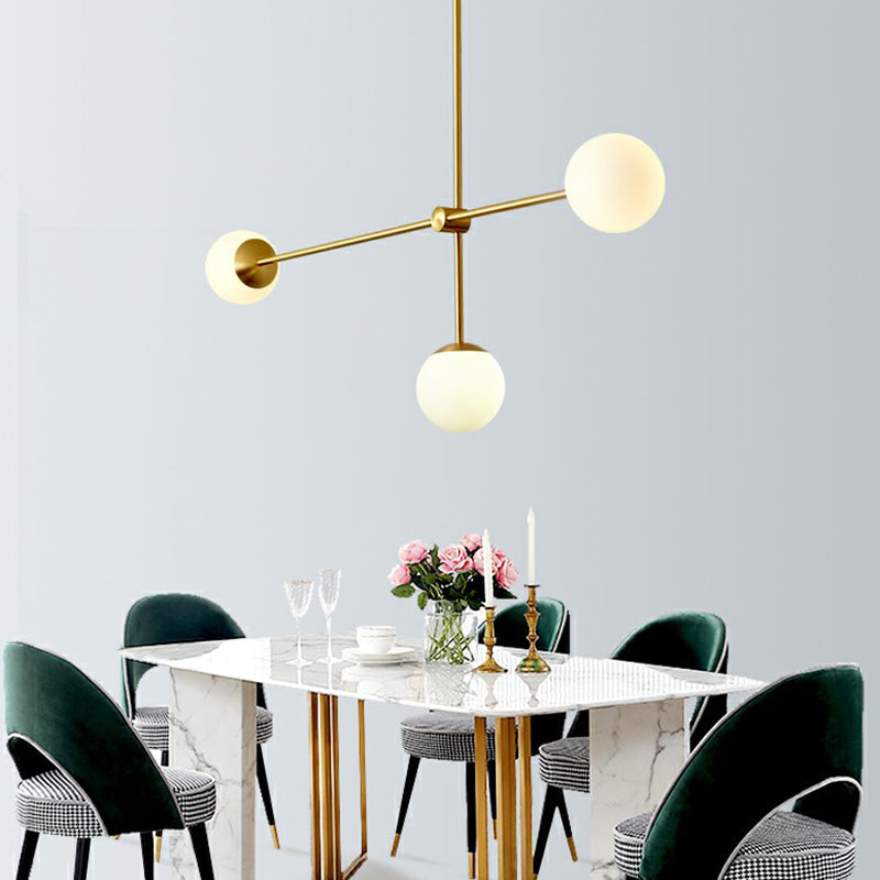 Brass Finish Line Art Chandelier Minimalistic Metal Ceiling Light with Ball Ivory Glass Shade Clearhalo 'Ceiling Lights' 'Chandeliers' 'Modern Chandeliers' 'Modern' Lighting' 2354243