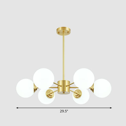 Cream Glass Spherical Chandelier Light Minimalist Brass Ceiling Hang Lamp for Living Room 6 Brass Clearhalo 'Ceiling Lights' 'Chandeliers' 'Modern Chandeliers' 'Modern' Lighting' 2354251