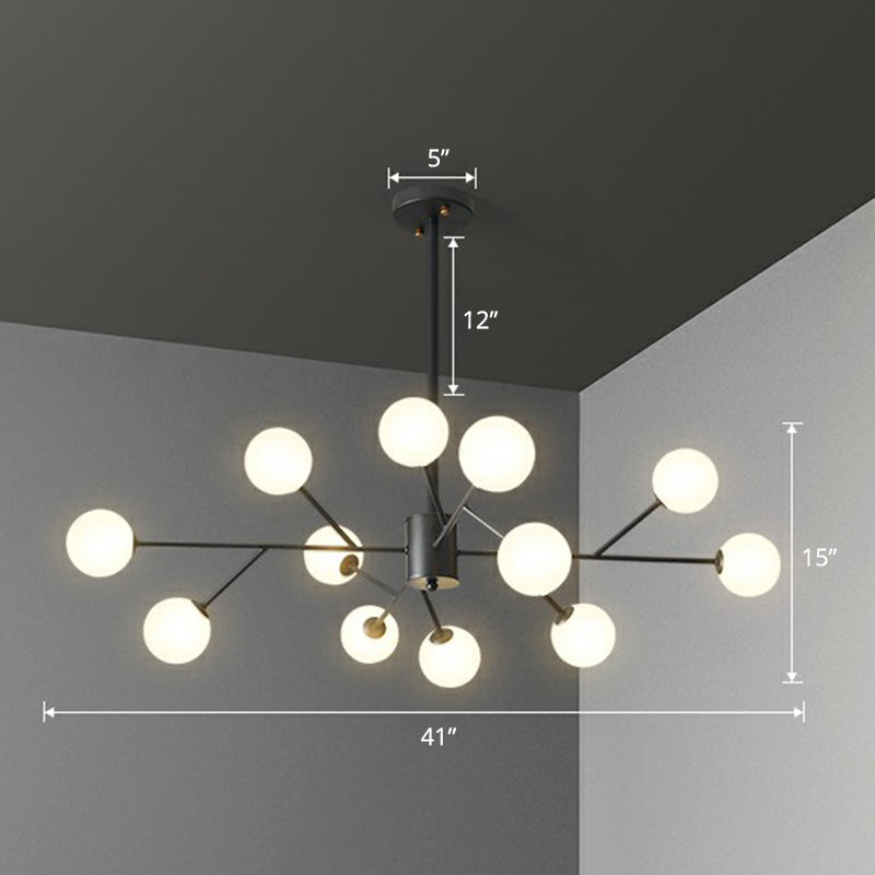 Nordic Style Chandelier Lighting Branch Pendant Light Fixture with Ball Opal Glass Shade 12 Black Clearhalo 'Ceiling Lights' 'Chandeliers' 'Modern Chandeliers' 'Modern' Lighting' 2354264