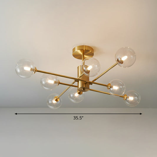 Brass Radial Suspension Lighting Postmodern Ball Glass Chandelier Lamp for Living Room 8 Clear Clearhalo 'Ceiling Lights' 'Close To Ceiling Lights' 'Close to ceiling' 'Semi-flushmount' Lighting' 2354273