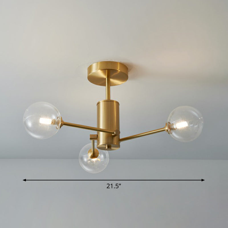 Brass Radial Suspension Lighting Postmodern Ball Glass Chandelier Lamp for Living Room 3 Clear Clearhalo 'Ceiling Lights' 'Close To Ceiling Lights' 'Close to ceiling' 'Semi-flushmount' Lighting' 2354276