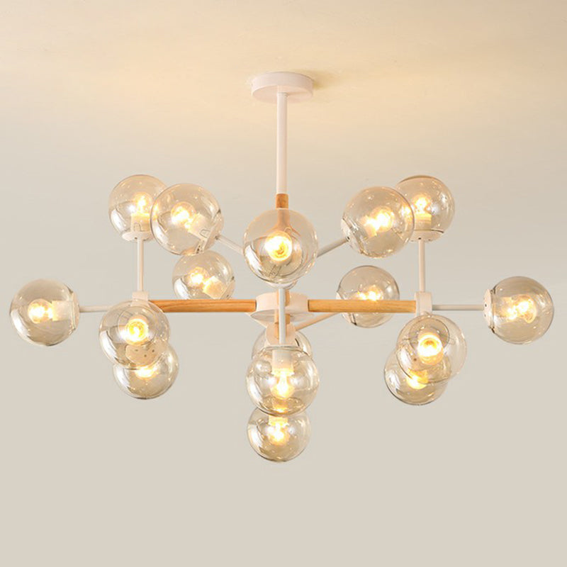 Wood Molecule Chandelier Light Fixture Nordic Metal Pendant Light with Ball Glass Shade 16 Light Tan Clearhalo 'Ceiling Lights' 'Chandeliers' 'Modern Chandeliers' 'Modern' Lighting' 2354284