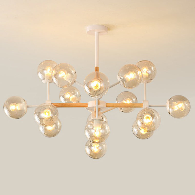 Wood Molecule Chandelier Light Fixture Nordic Metal Pendant Light with Ball Glass Shade 16 Light Tan Clearhalo 'Ceiling Lights' 'Chandeliers' 'Modern Chandeliers' 'Modern' Lighting' 2354284