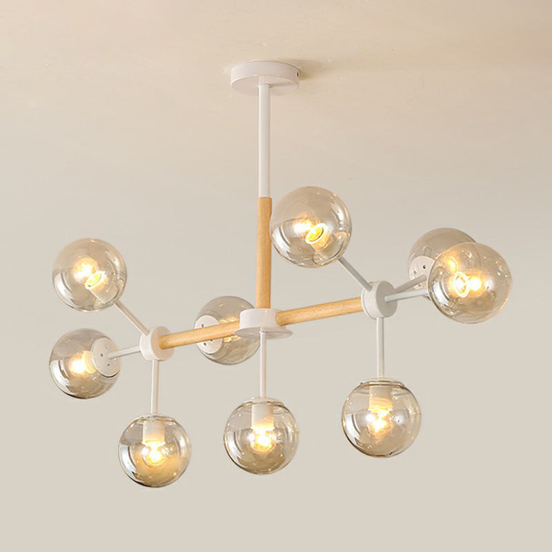Wood Molecule Chandelier Light Fixture Nordic Metal Pendant Light with Ball Glass Shade 9 Light Tan Clearhalo 'Ceiling Lights' 'Chandeliers' 'Modern Chandeliers' 'Modern' Lighting' 2354286