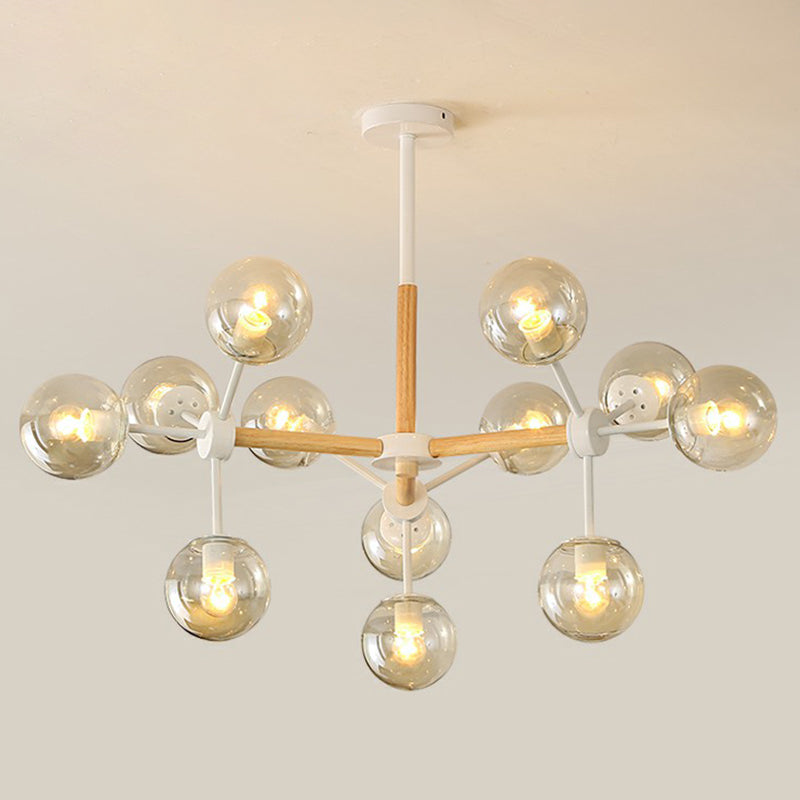 Wood Molecule Chandelier Light Fixture Nordic Metal Pendant Light with Ball Glass Shade 12 Light Tan Clearhalo 'Ceiling Lights' 'Chandeliers' 'Modern Chandeliers' 'Modern' Lighting' 2354288