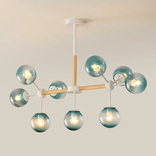 Wood Molecule Chandelier Light Fixture Nordic Metal Pendant Light with Ball Glass Shade 9 Blue Clearhalo 'Ceiling Lights' 'Chandeliers' 'Modern Chandeliers' 'Modern' Lighting' 2354289