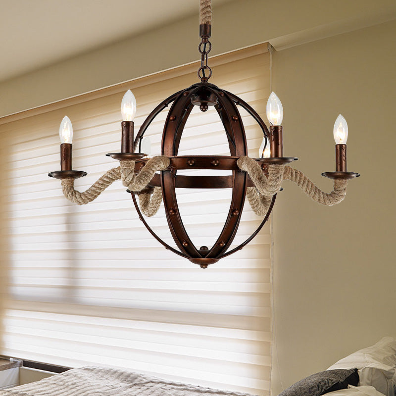 Black/Rust Finish Spherical Chandelier Light Fixture Antique Metal Multi Light Farmhouse Hanging Lamp with Rope/Chain Clearhalo 'Ceiling Lights' 'Chandeliers' 'Industrial Chandeliers' 'Industrial' 'Middle Century Chandeliers' 'Tiffany' Lighting' 235429