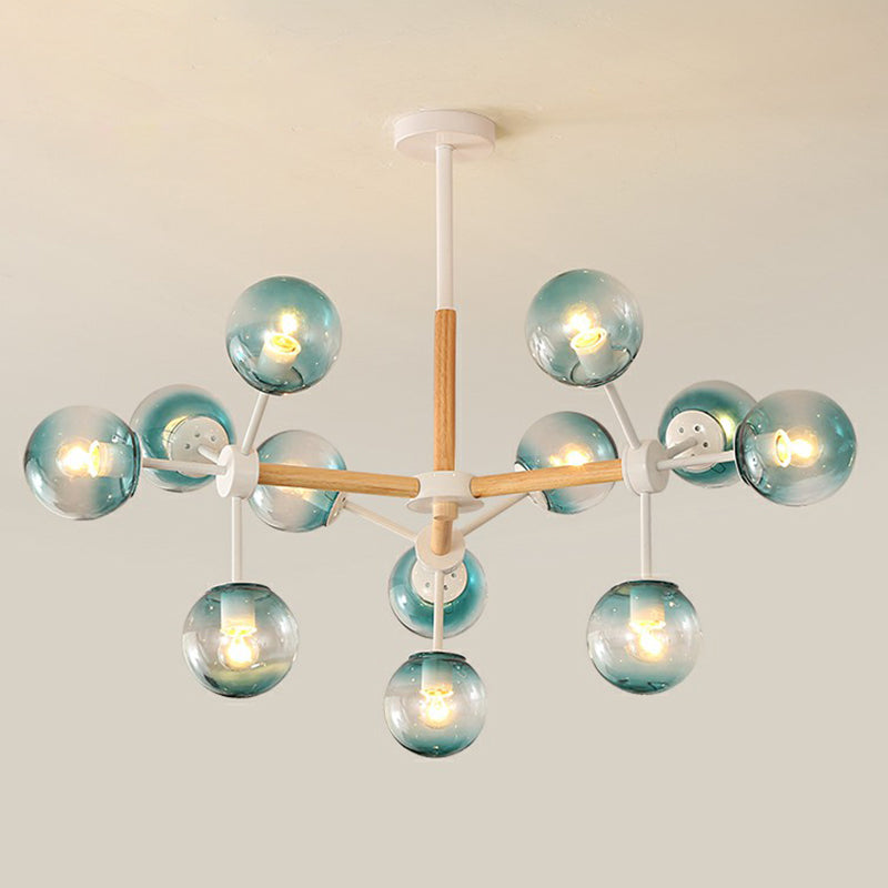 Wood Molecule Chandelier Light Fixture Nordic Metal Pendant Light with Ball Glass Shade 12 Blue Clearhalo 'Ceiling Lights' 'Chandeliers' 'Modern Chandeliers' 'Modern' Lighting' 2354290